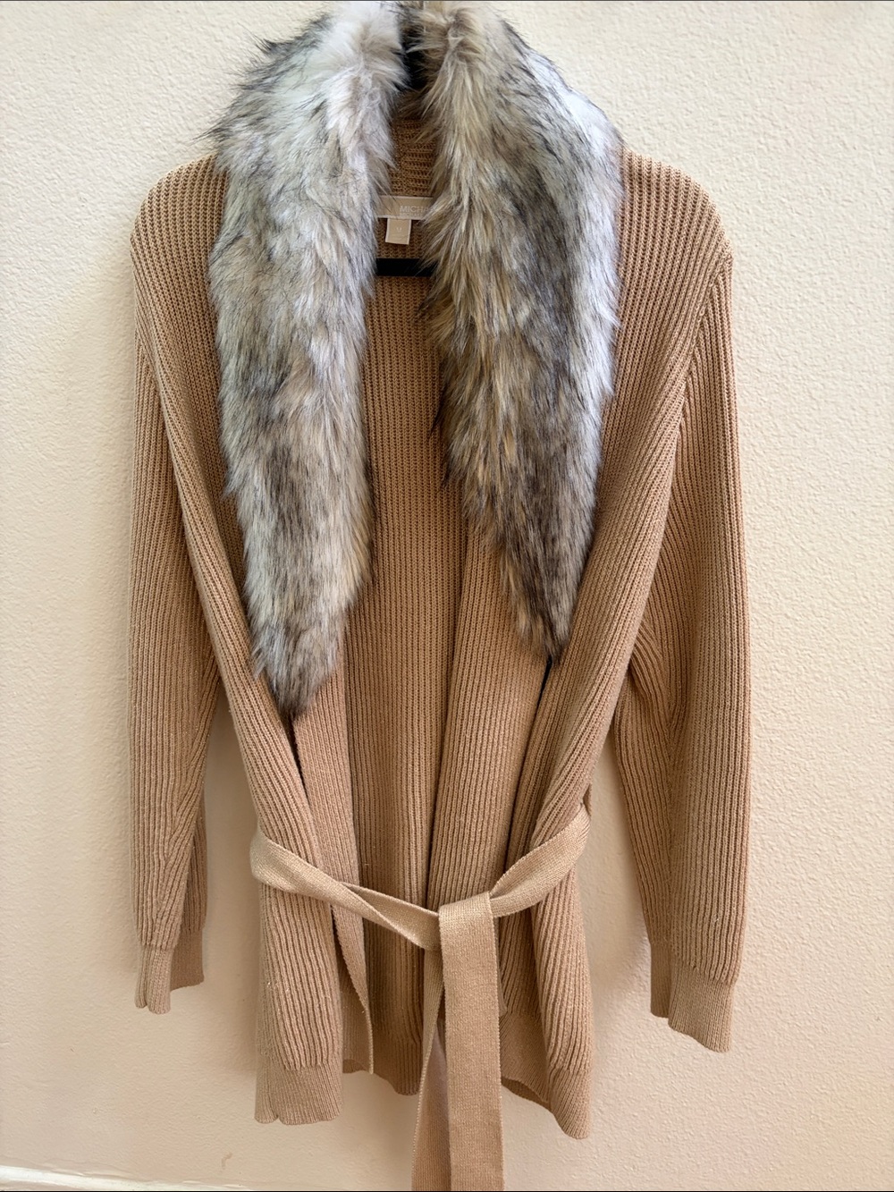 Michael Kors Camel Ribbed Wrap Cardigan with Faux Fur Trim